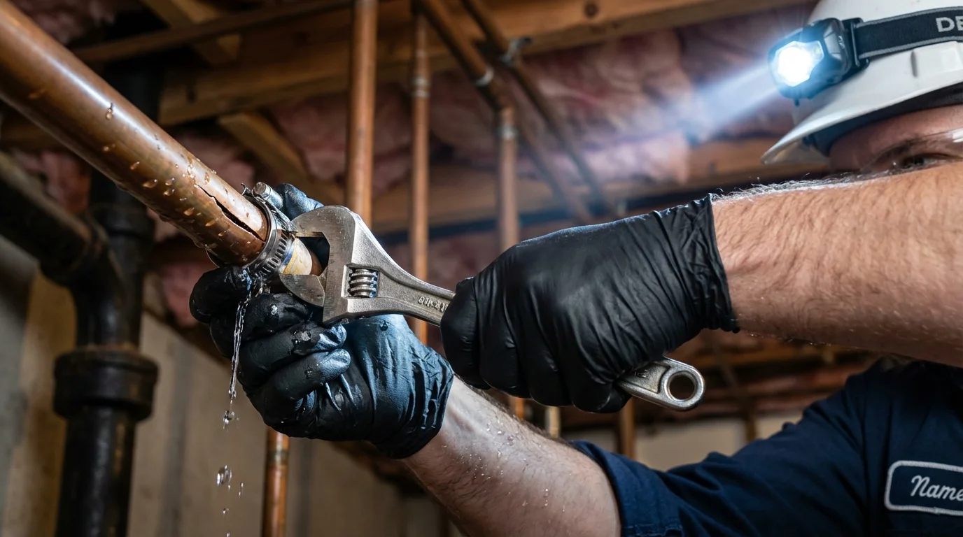 Emergency pipe clamp repair being performed by a Johns Plumbing LLC plumber in Maryville