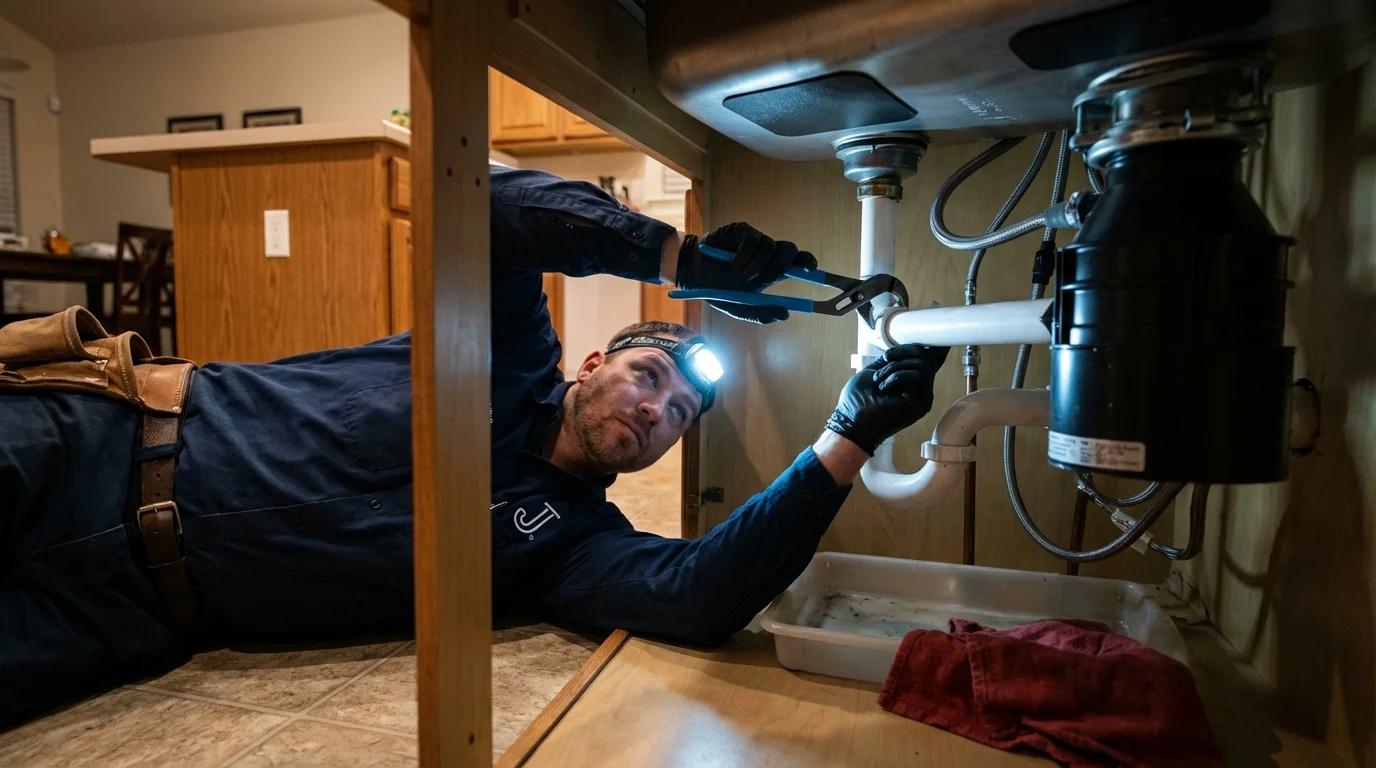 P-trap and supply line connections under a kitchen sink showing a common leak point in Maryville, TN